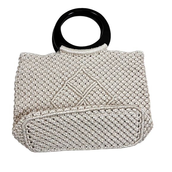 NEW Hand Woven Knit Macrame Large Bag Ivory Wood Handles Pockets Lined Magnetic - Picture 4 of 10